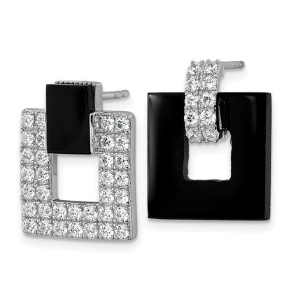 Sterling Silver CZ and Black Agate Square Dangle Mis-Matched Post Earrings