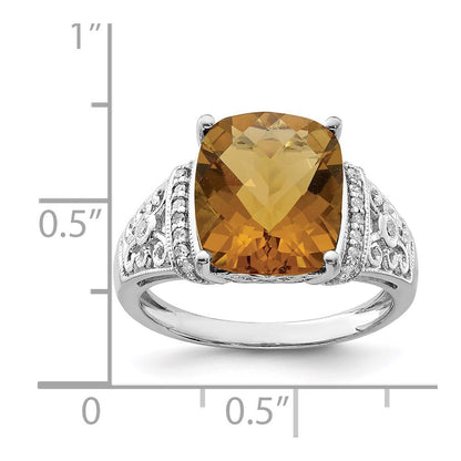 Sterling Silver Rhodium Diamond & Checker-Cut Whiskey Quartz Ring Size 7