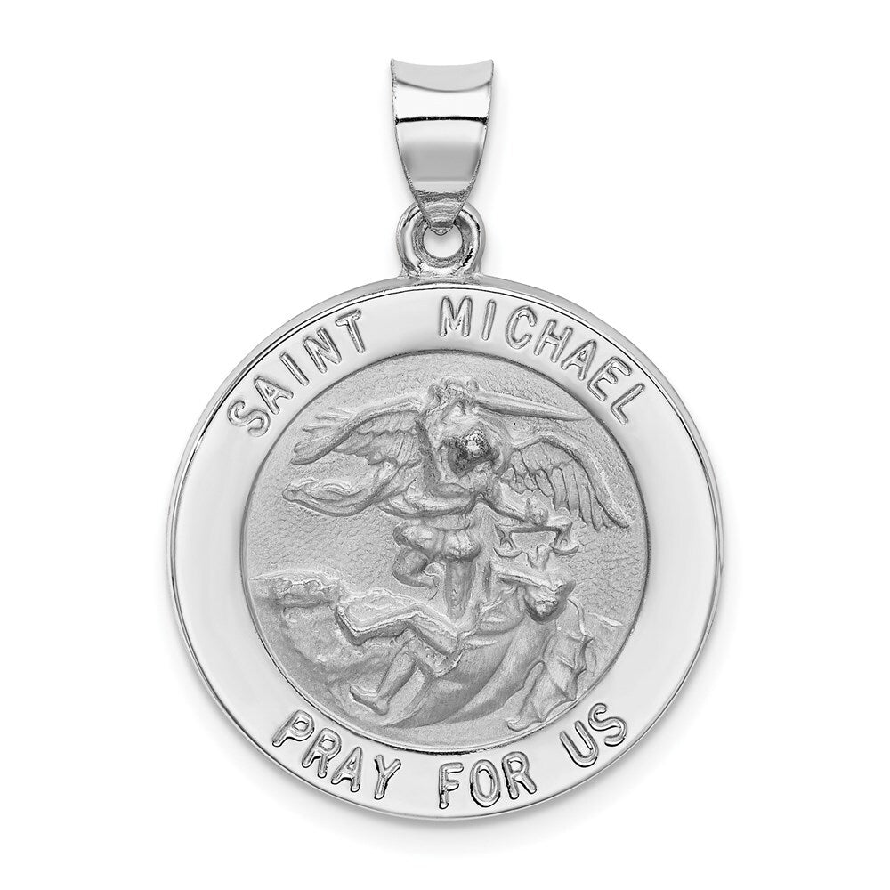 14k White Gold Polished/Satin St Michael Medal Hollow Pendant for Women