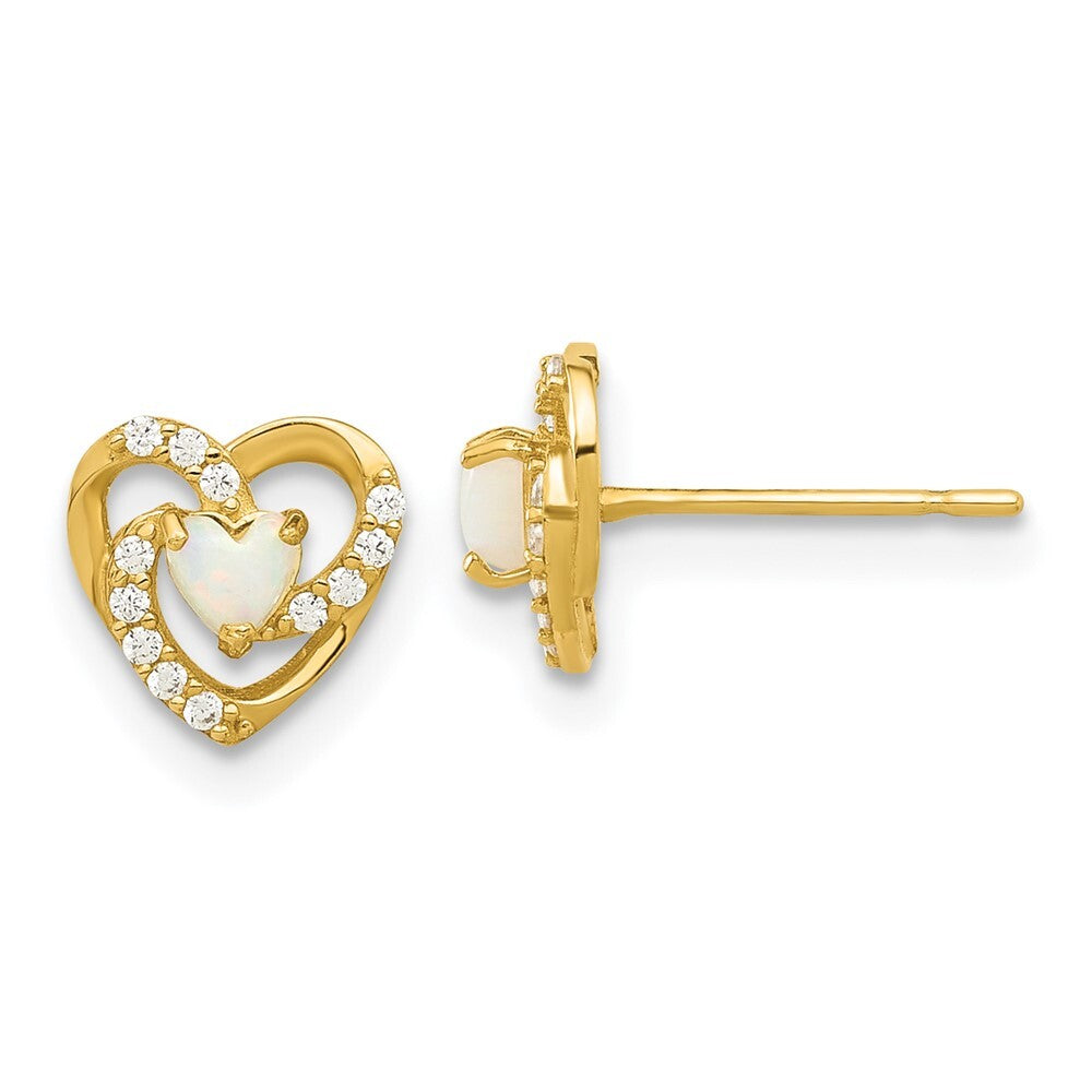 14k Yellow Gold Polished Created Opal and Cubic Zirconia Heart Stud Earrings