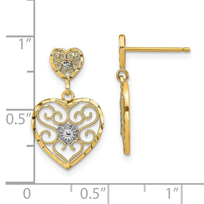 14k Yellow Gold RH Heart Beaded Filigree Dangle Earrings Gift for Women