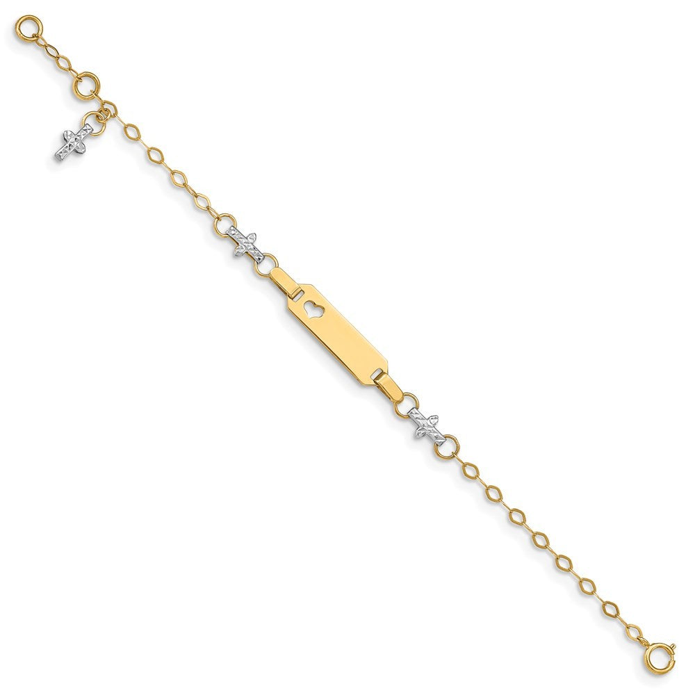 14k Two-tone Textured Cross and Cut-out Heart 18x5mm Plate 6" ID Bracelet 1" Ext