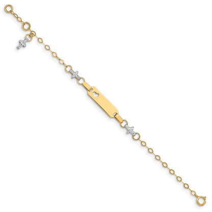 14k Two-tone Textured Cross and Cut-out Heart 18x5mm Plate 6" ID Bracelet 1" Ext