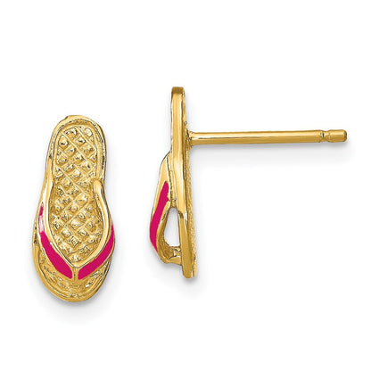 14k Yellow Gold 3D Fuschia Enamel Single Flip-Flop Stud Earrings Gift for Women