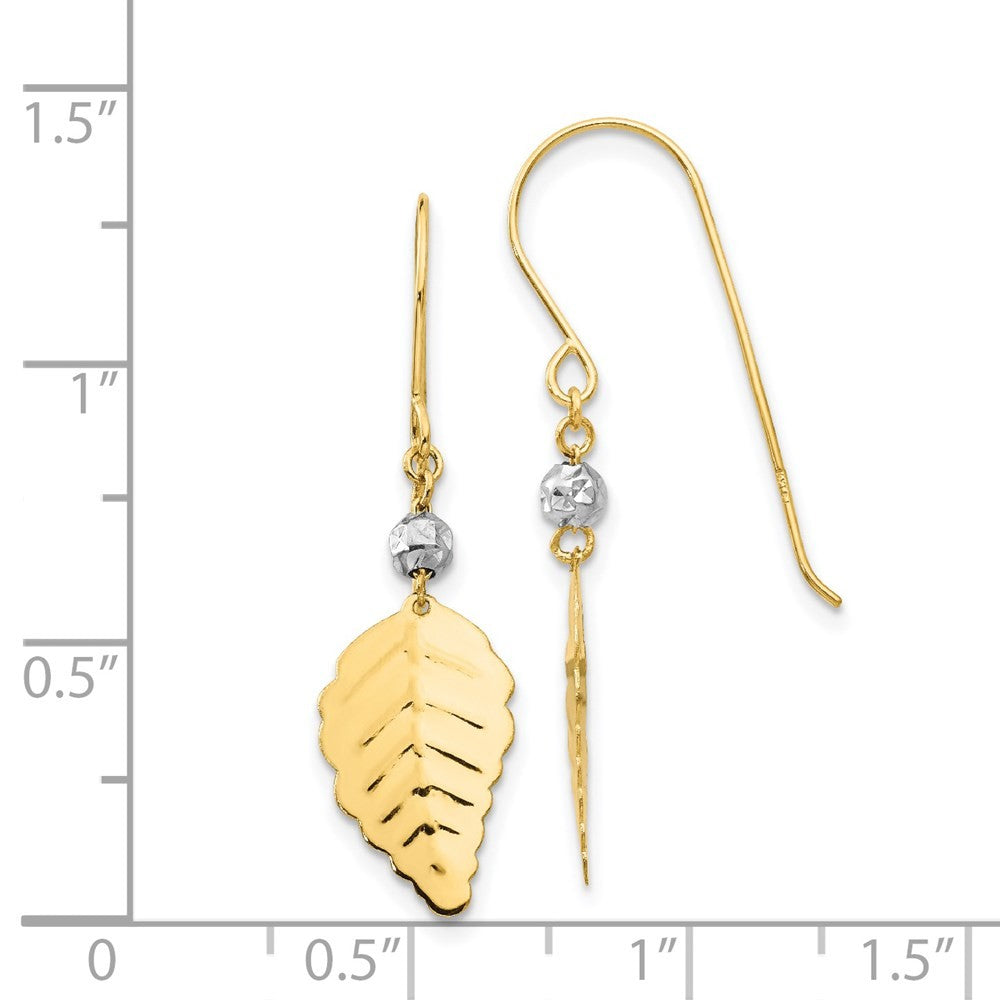 14K Two Tone Stamped Leaf Drop Dangle Earrings w/ Shepherd Hook