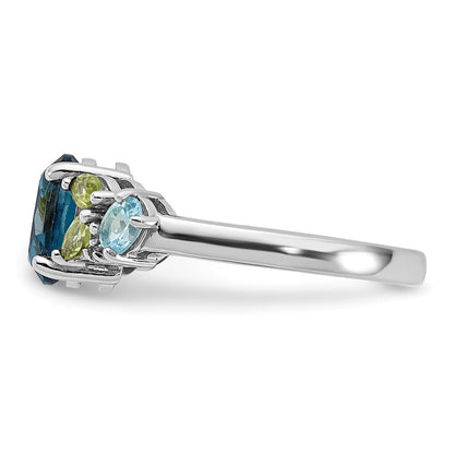 SS Rhodium London Lt.Swiss Blue/White Topaz and Peridot Ring Size 8