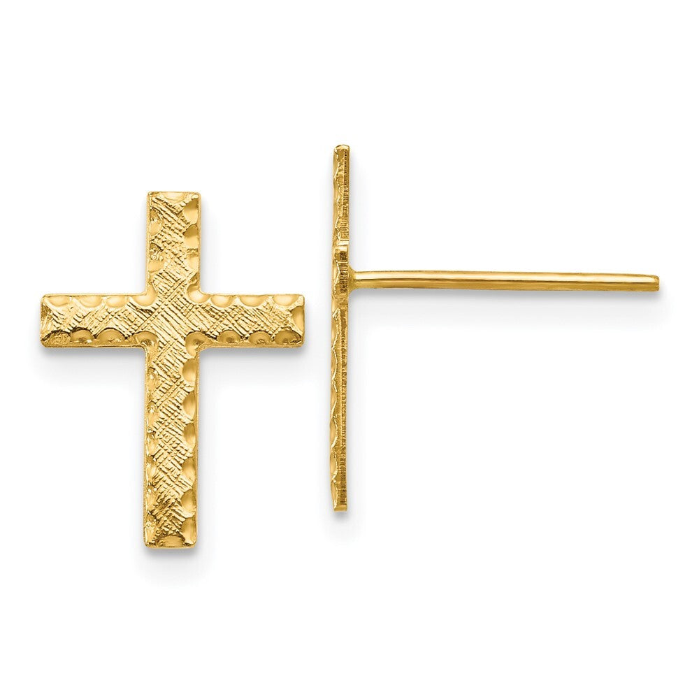 14k Yellow Gold Brushed Finish Cross Stud Earrings Gift for Women