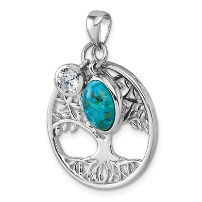 Sterling Silver Polished CZ & Compressed Turquoise Cabochon Tree of Life Pendant