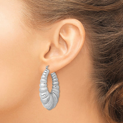Sterling Silver Rhodium-plated Satin & Diamond-Cut Shrimp Oval Hoop Earrings