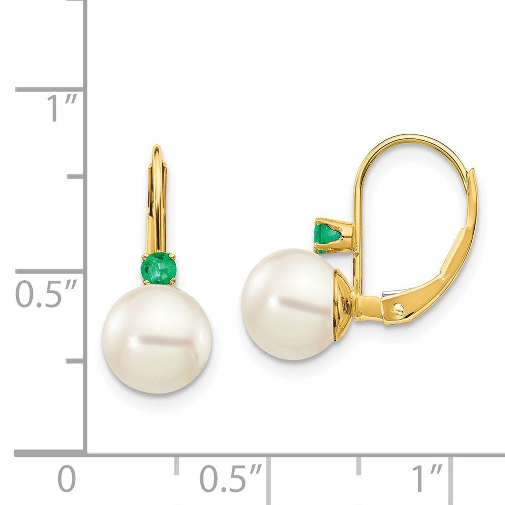 14k Yellow Gold 7-7.5mm White Round FW Cultured Pearl Emerald Leverback Earrings