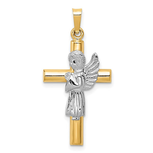 14k Two-tone Gold Angel and Cross Pendant for Women