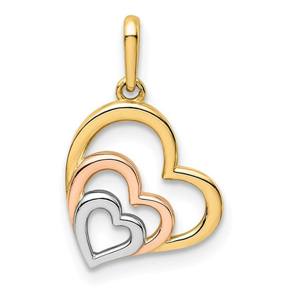 14k Yellow Gold Rose and White Rhodium Polished 3 Hearts Pendant for Women