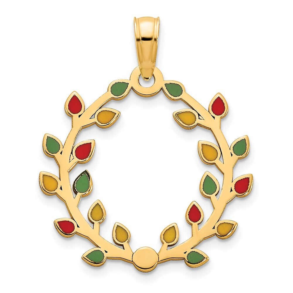 14k Yellow Gold Polished Epoxy Christmas Light Wreath Pendant for Women