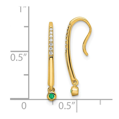 14k Yellow Gold Polished Diamond and Emerald Drop Wire Stud Earrings