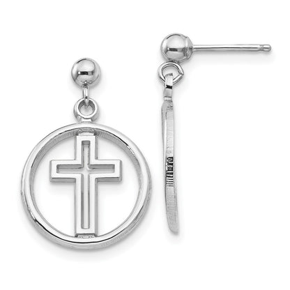 14k White Gold Polished Eternal Life Cross Dangle Earrings