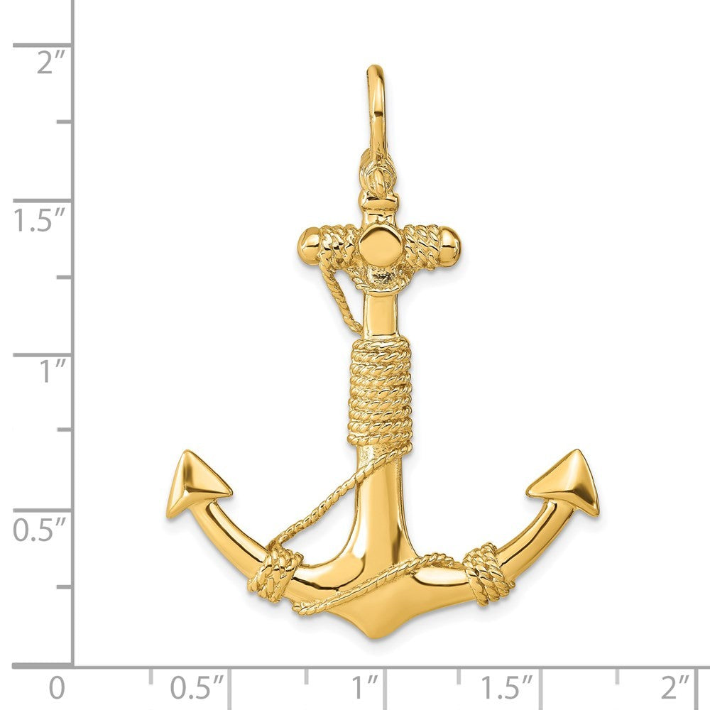 14k Yellow Gold 3-D Solid Anchor with Rope Pendant