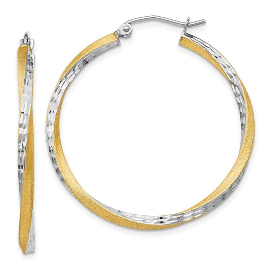 14k Yellow Gold & Rhodium Diamond-cut 2.5mm Twisted Hoop Earrings