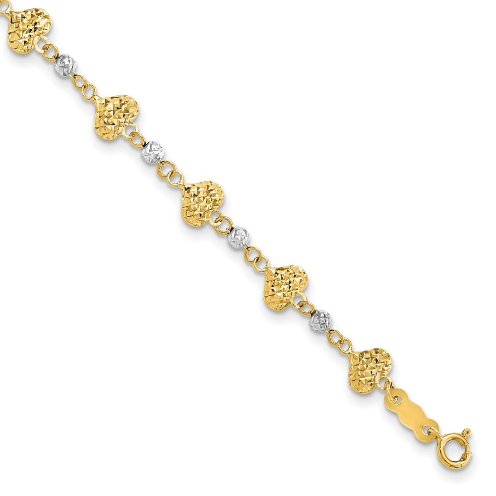 14K Two-tone Diamond-cut Hearts and Beads 7 inch Bracelet