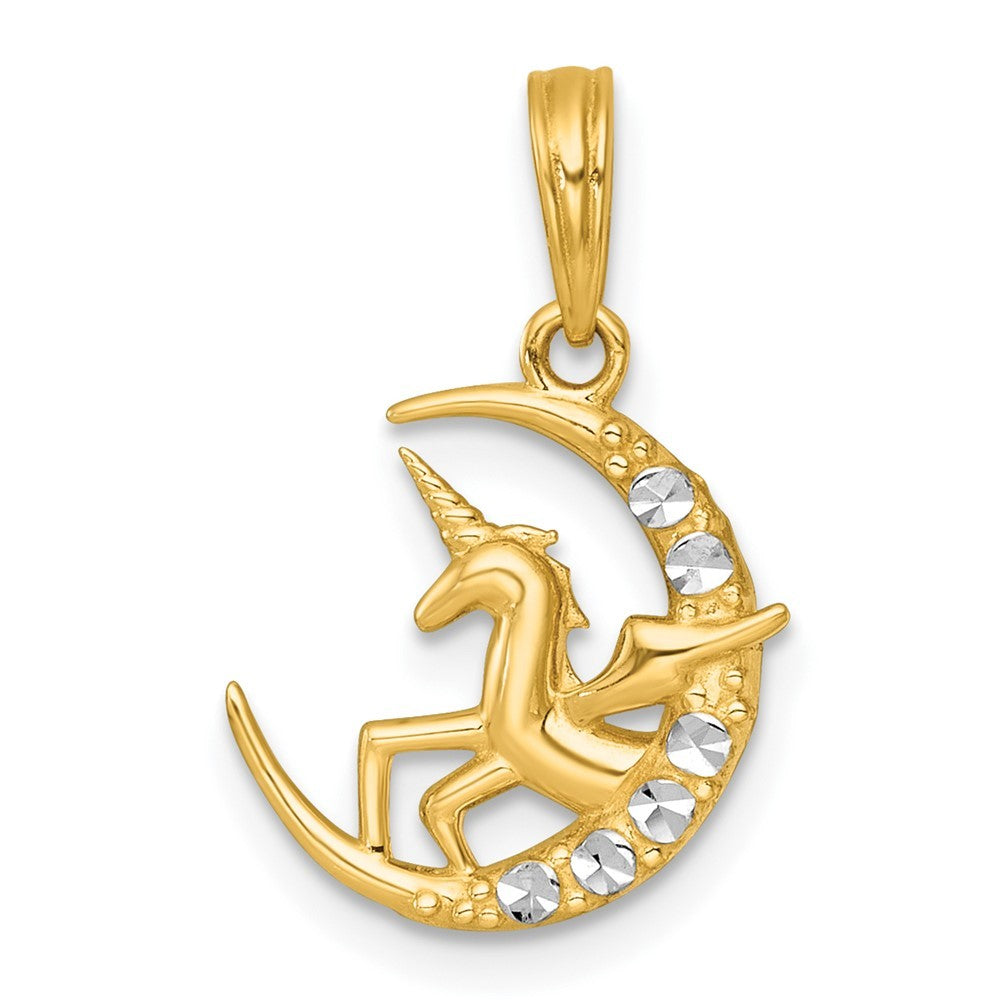 14k Yellow Gold with White Rhodium Polished Unicorn In Moon Charm