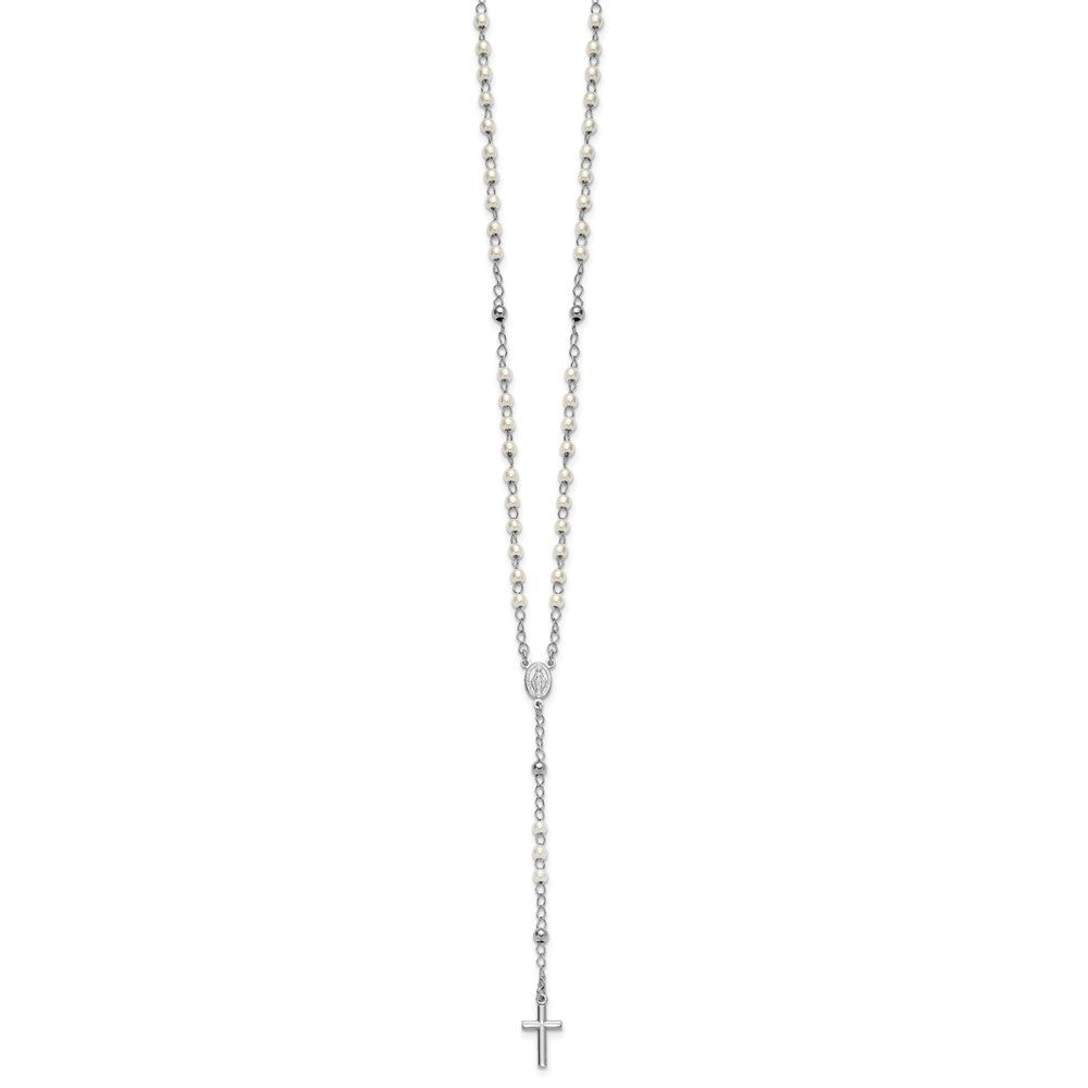 Sterling Silver Plastic Imitation Pearl Rosary Necklace 19.75+1"