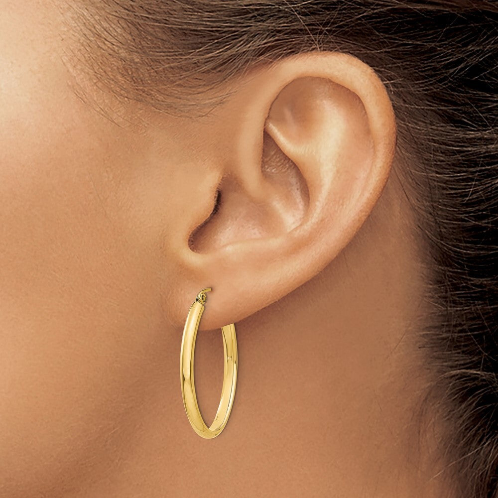 14k Yellow Gold 3mm Oval Hoop Earrings Gift for Women