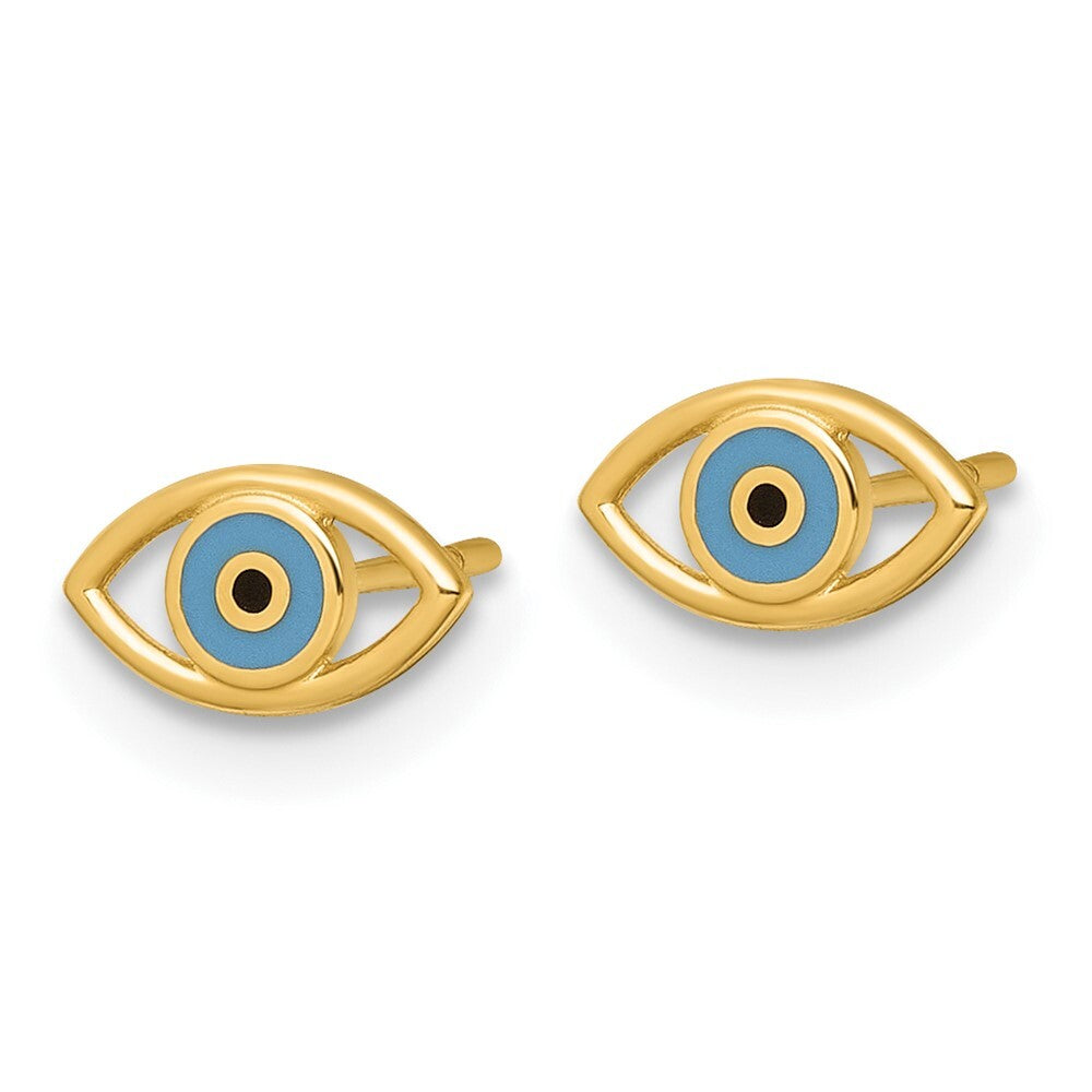 14k Yellow Gold Polished Blue and Black Enameled Evil Eye Stud Earrings