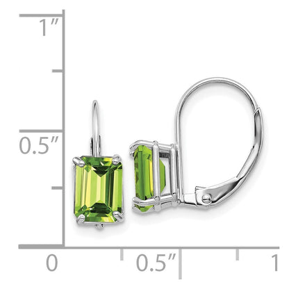 14k White Gold 7x5mm Emerald Cut Peridot Leverback Earrings Gift for Women
