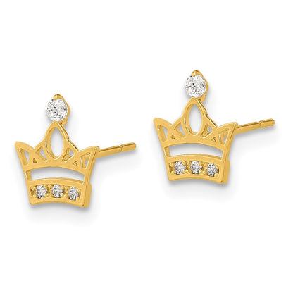 14k Yellow Gold Kids Cubic Zirconia Crown Stud Earrings