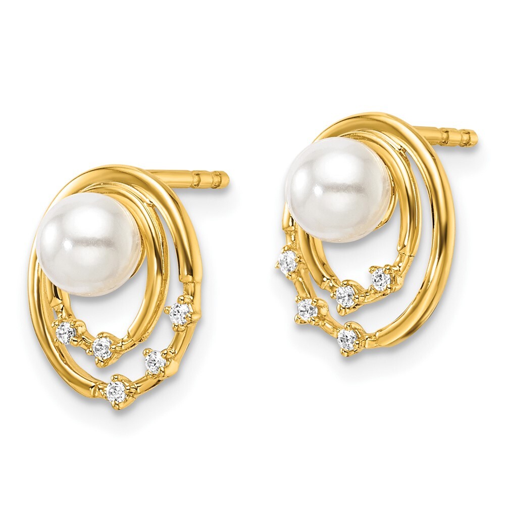 14k Yellow Gold Polished Diamond and Pearl Ovals Drop Stud Earrings