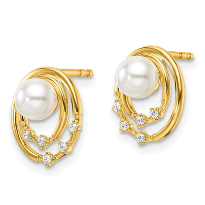 14k Yellow Gold Polished Diamond and Pearl Ovals Drop Stud Earrings