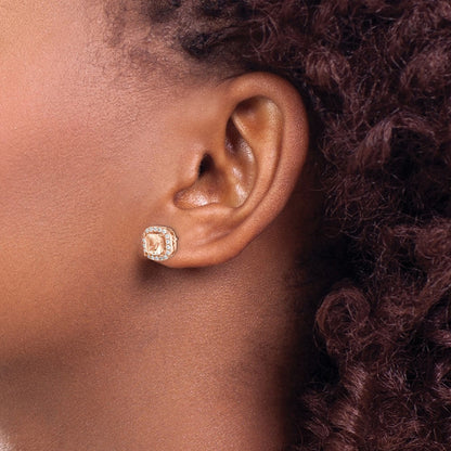 Sterling Silver Rose-tone Square Peach CZ Halo Earrings