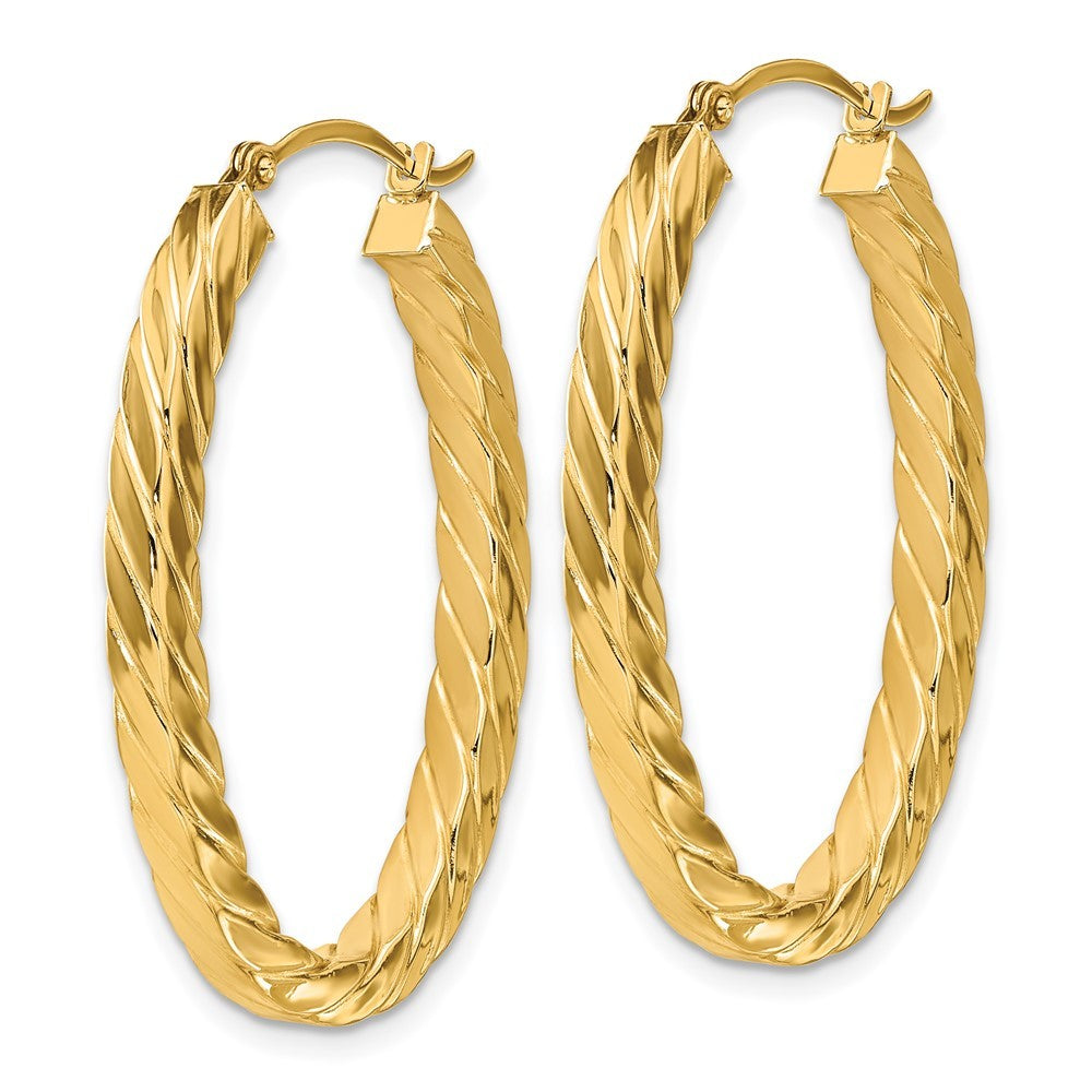 14k Yellow Gold Polished & Twisted 3mm Square Tube Oval Hoop Earrings