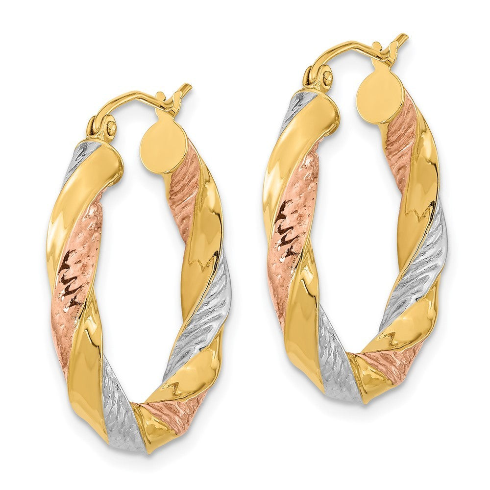 14k Yellow Gold w/ White/Rose RH Polished & Diamond-Cut Twist Hoop Earrings