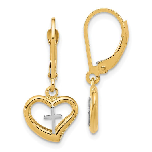 14K Two-tone Polished Cross in Heart Drop Dangle Dangle Earrings