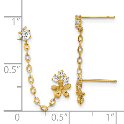 14k Yellow Gold CZ Double w/Chain Flower Earring