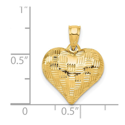14k Yellow Gold Polished Basket Weave Pattern 3-D Heart Pendant
