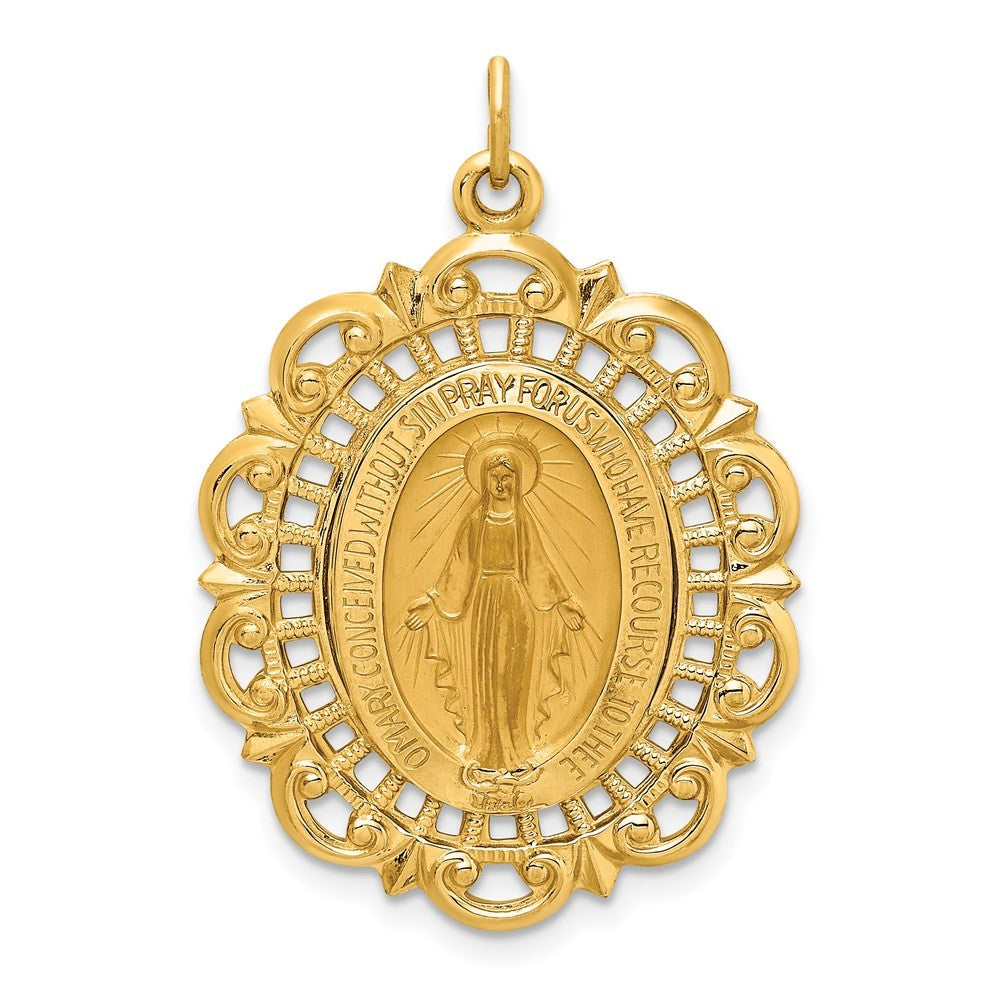 14k Yellow Gold Solid Polished Satin Fancy Pierced Oval Miraculous Medal