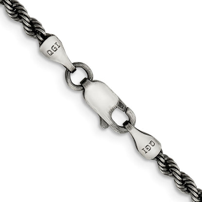 Sterling Silver Ruthenium-plated 2.9mm Rope Chain Necklace