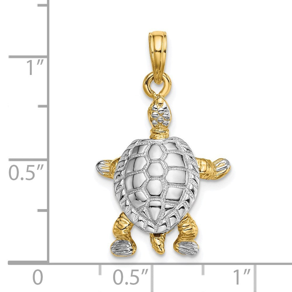 14k Yellow Gold with White Rhodium 3-D Land Turtle Moveable Head Charm Pendant