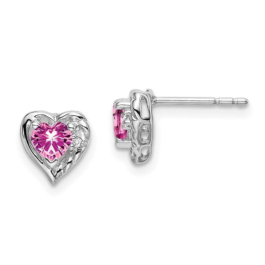 14k White Gold Created Pink Sapphire and Diamond Heart Earrings