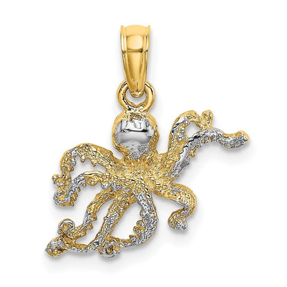 14k Yellow Gold W/ Rhodium Textured Octopus Charm Pendant