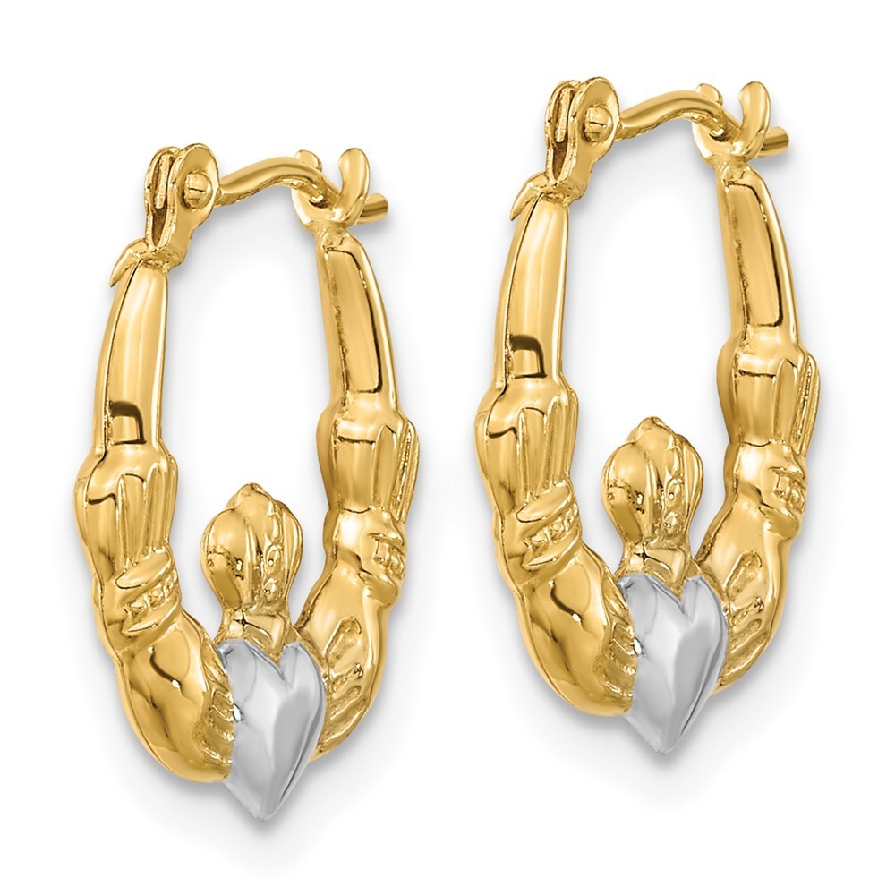 14k Yellow Gold w/White Rhodium Polished Claddagh Hoops