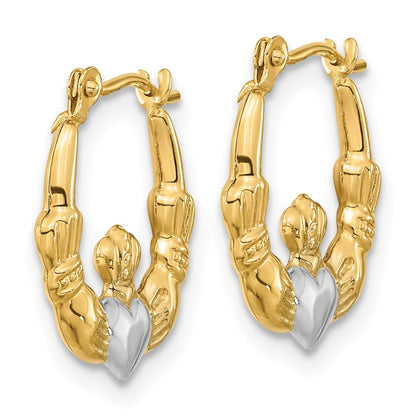14k Yellow Gold w/White Rhodium Polished Claddagh Hoops