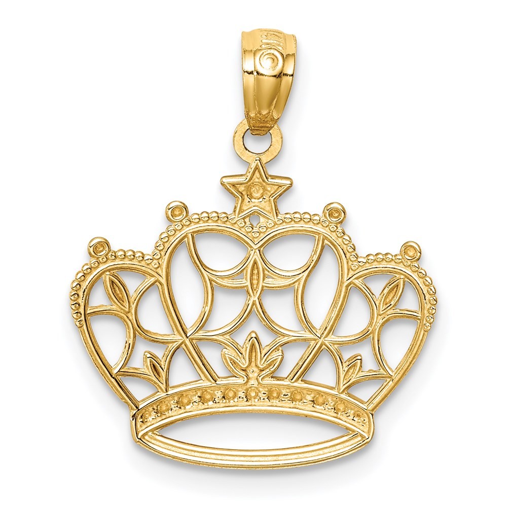14k Yellow Gold and White Rhodium Diamond-cut Filigree Crown Pendant