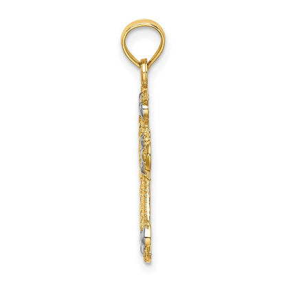 14k Yellow Gold W/ Rhodium and Diamond-Cut Fleur-De-Lis Cross Charm