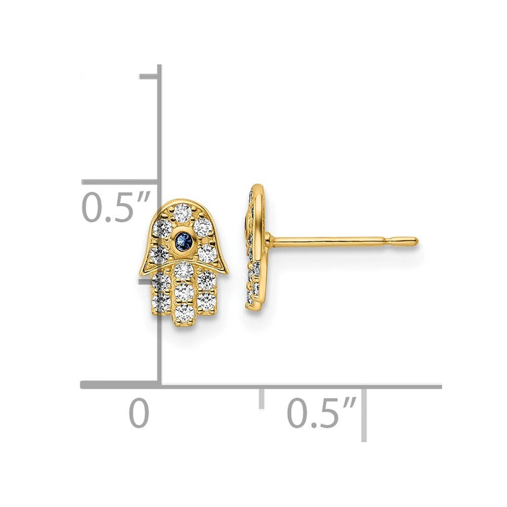 14k Yellow Gold Cubic Zirconia & Blue Glass Stone Hamsa Stud Earrings