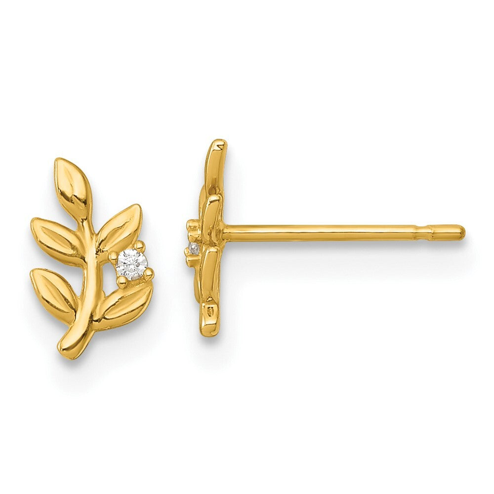 14k Yellow Gold Polished Cubic Zirconia Leaf Stud Earrings Gift for Women