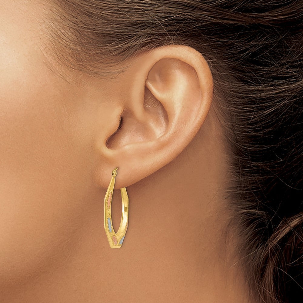 14k Yellow Gold & White and Rose Rhodium Hollow Hoop Earrings