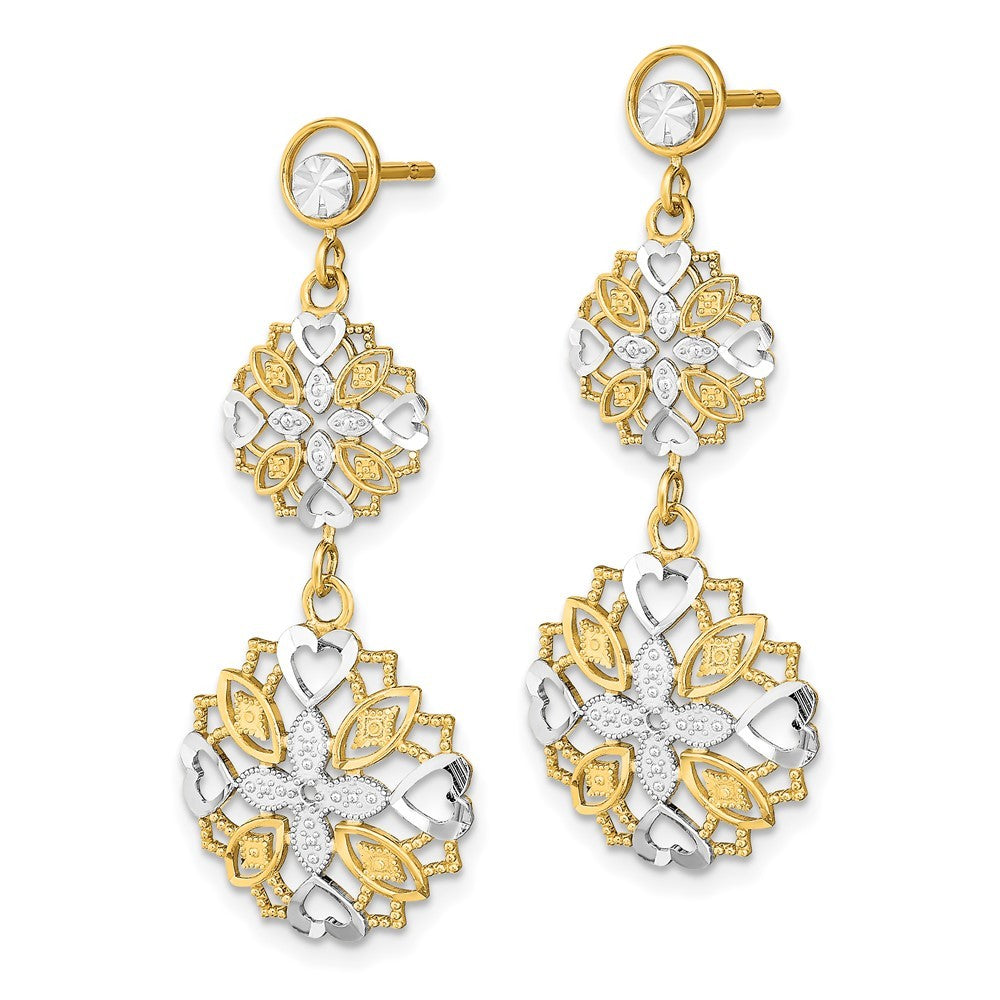14k Yellow Gold w/ Rhodium Diamond-Cut Flower & Heart Dangle Earrings