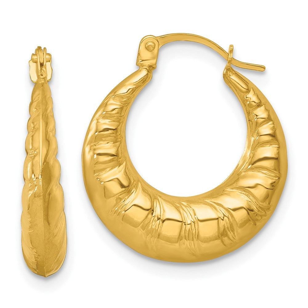 14k Yellow Gold Polished and Textured Scalloped Hollow Hoop Earrings